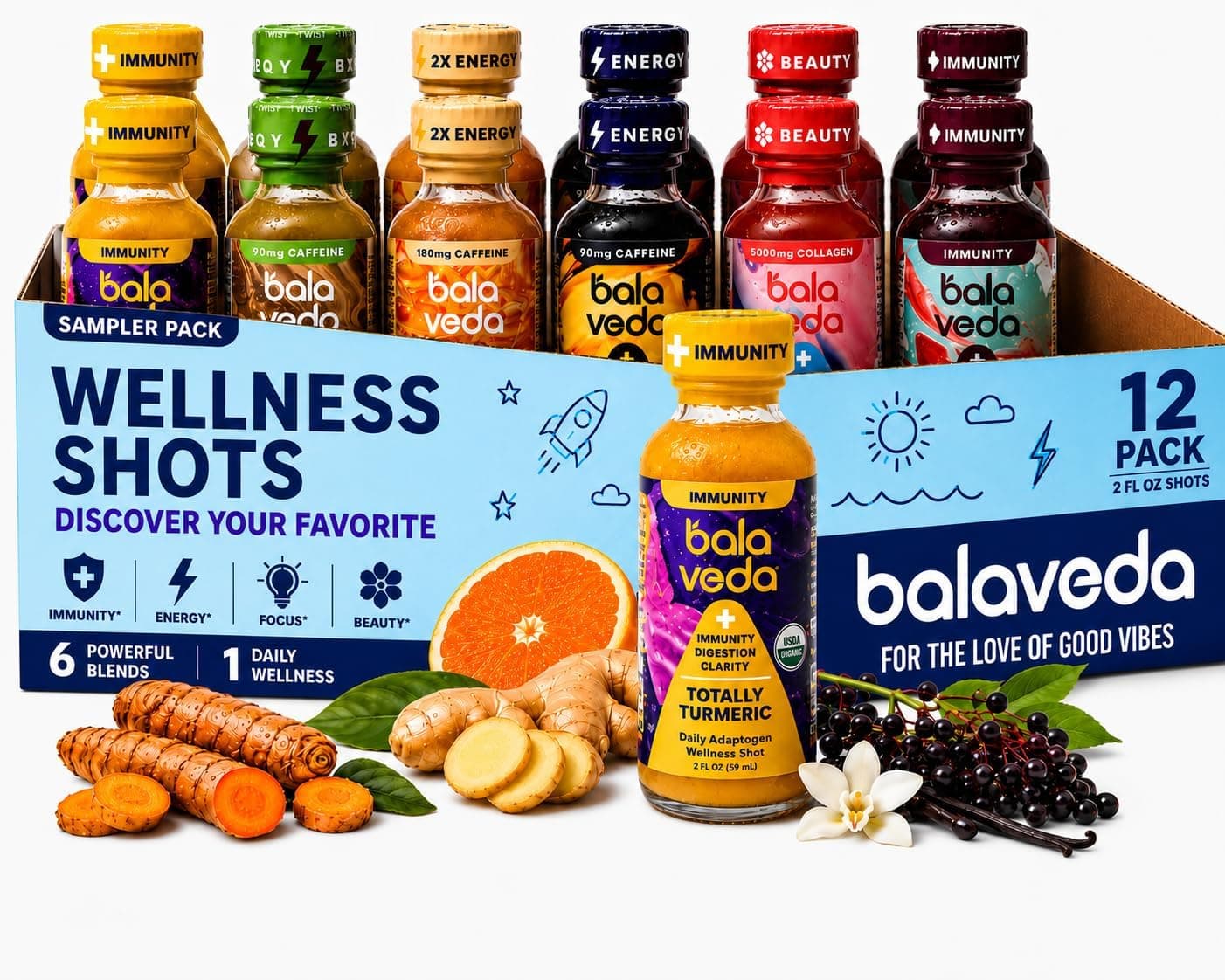 Balaveda 12-pack sampler: wellness shots in the box, Totally Turmeric in front, turmeric, ginger, orange, and elderberries.